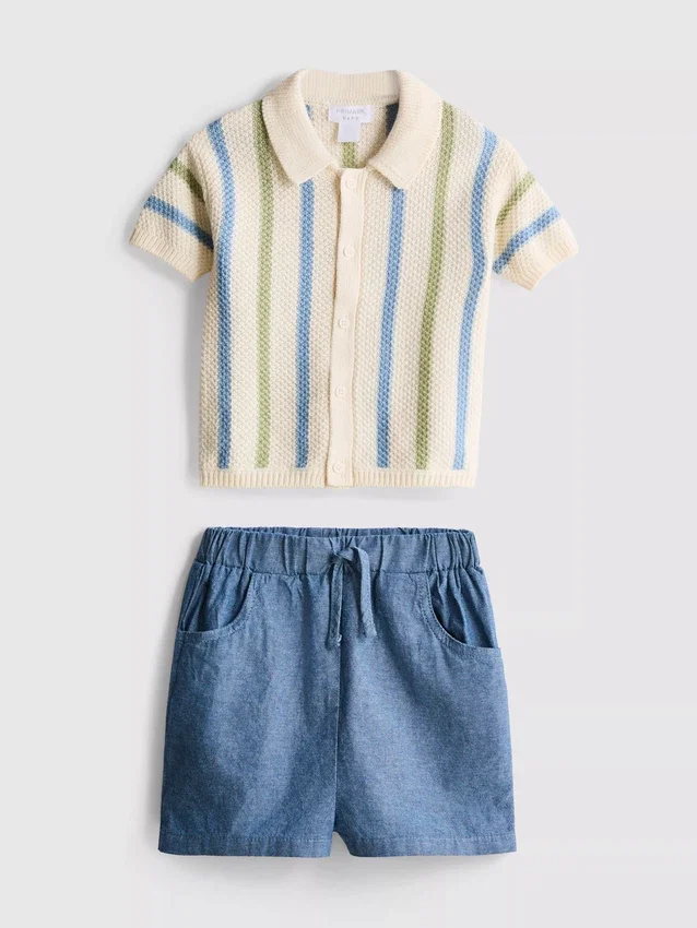 0-12mths | striped knit polo shirt and shorts set