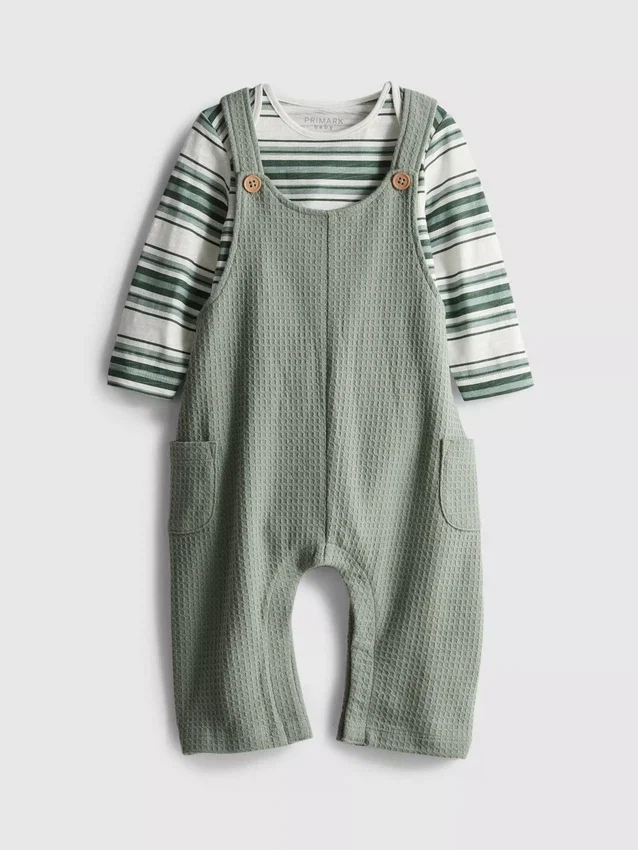 0-18mths | long sleeve bodysuit and waffle textured dungarees newborn set