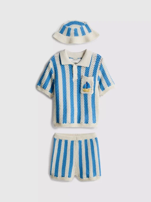 0-18mths | stripe polo top, shorts and hat newborn set