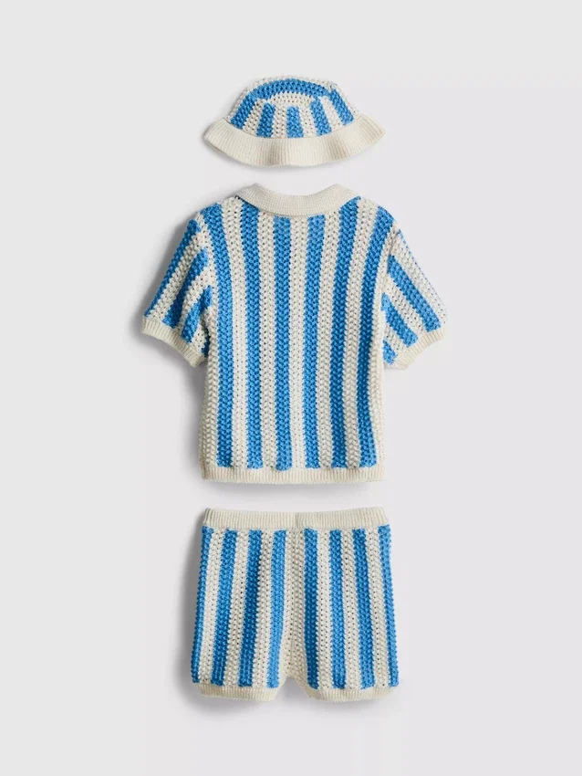 0-18mths | stripe polo top, shorts and hat newborn set