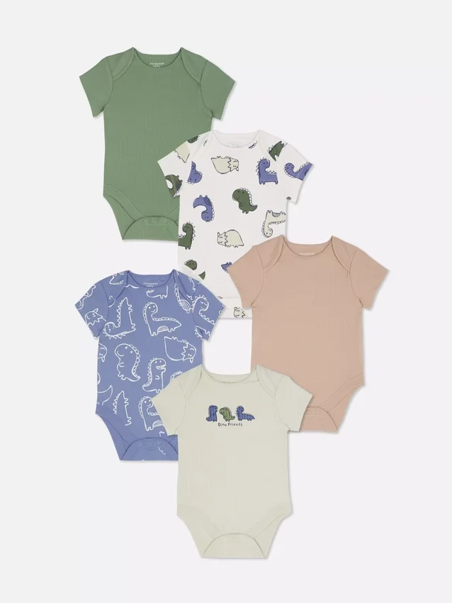 0-36mths | 5pk dinosaur graphic short sleeve bodysuits