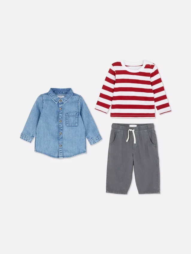 0-36mths | long sleeve t-shirt, pants and denim shirt set