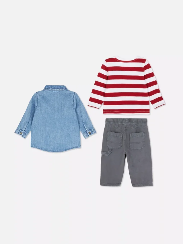 0-36mths | long sleeve t-shirt, pants and denim shirt set