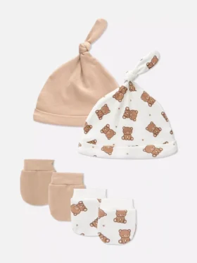 2pk newborn teddy bear hat and mittens set