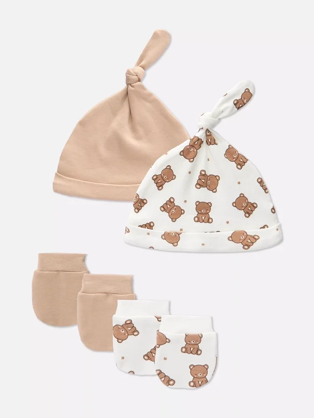 2pk newborn teddy bear hat and mittens set