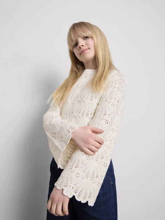 7-15yrs | crochet scallop-trim long-sleeve top