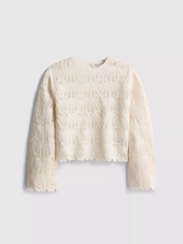 7-15yrs | crochet scallop-trim long-sleeve top
