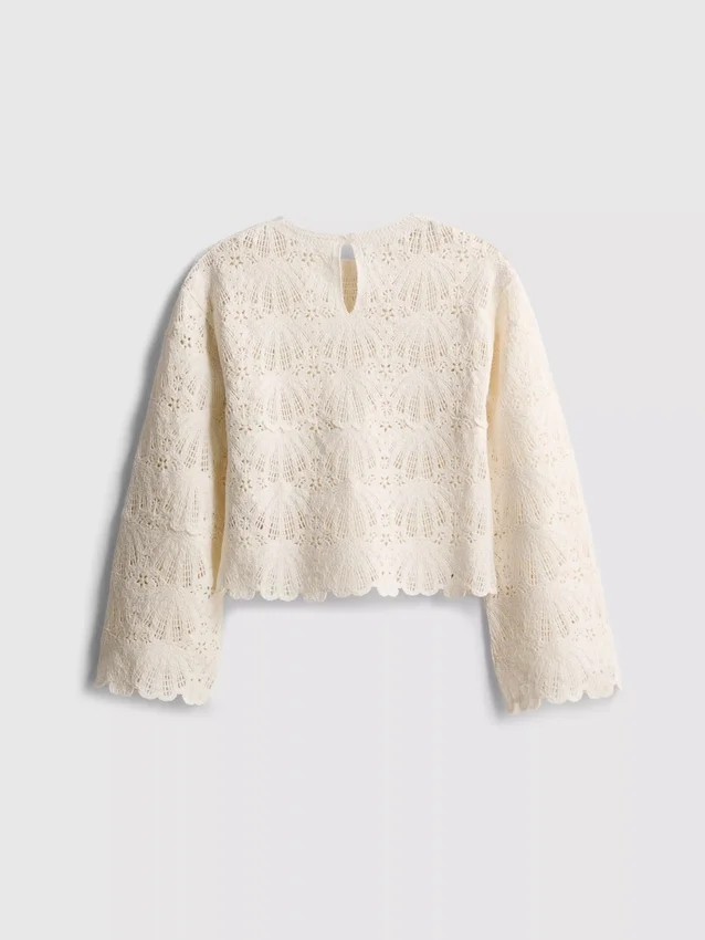 7-15yrs | crochet scallop-trim long-sleeve top