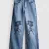 7-15yrs | floral bow embroidered wide leg jeans