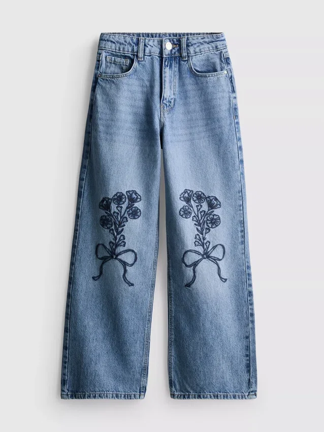 7-15yrs | floral bow embroidered wide leg jeans