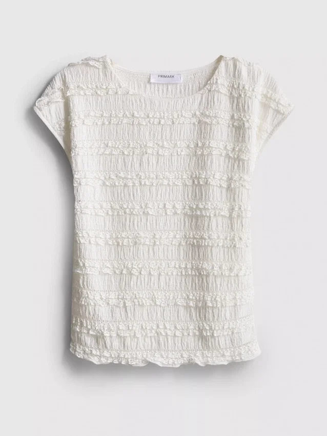 7-15yrs | lace-trim crinkle cap-sleeve blouse