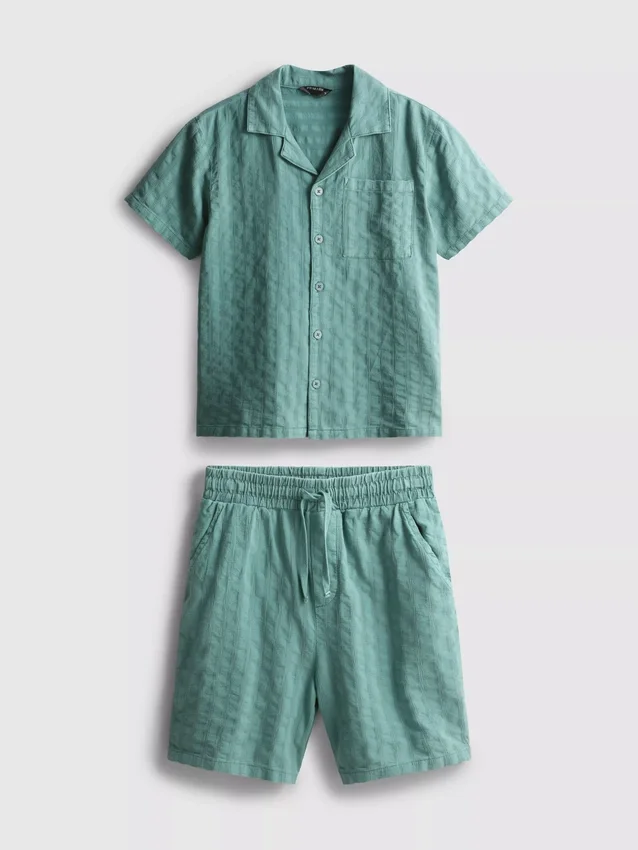 7-15yrs | textured short-sleeve button-up shirt and shorts set