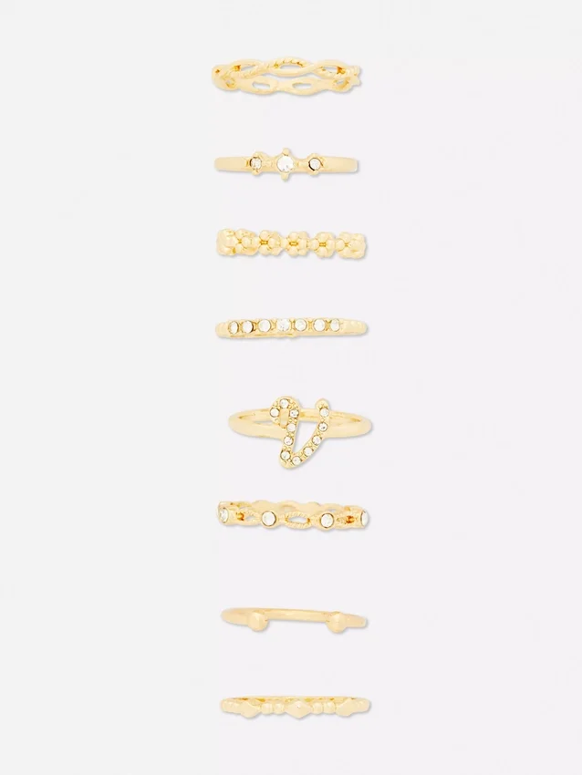 8-pack rhinestone initial rings
