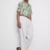 Bird-print short-sleeve button-down shirt