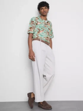 Bird-print short-sleeve button-down shirt