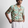 Bird-print short-sleeve button-down shirt