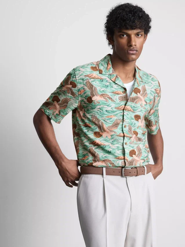 Bird-print short-sleeve button-down shirt