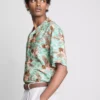 Bird-print short-sleeve button-down shirt