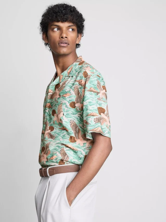 Bird-print short-sleeve button-down shirt