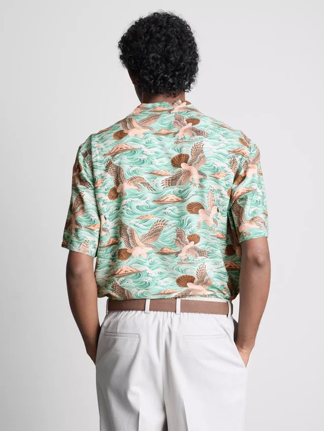 Bird-print short-sleeve button-down shirt