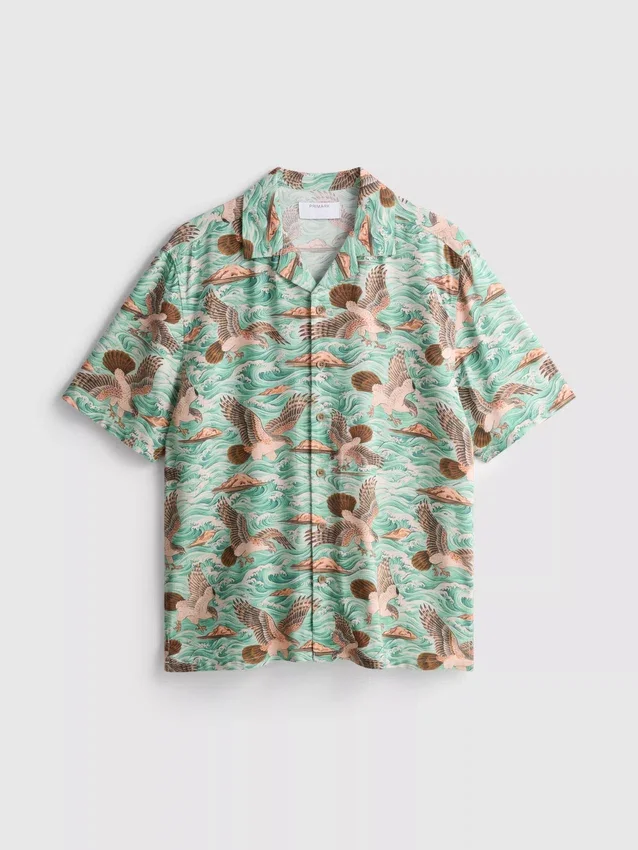 Bird-print short-sleeve button-down shirt