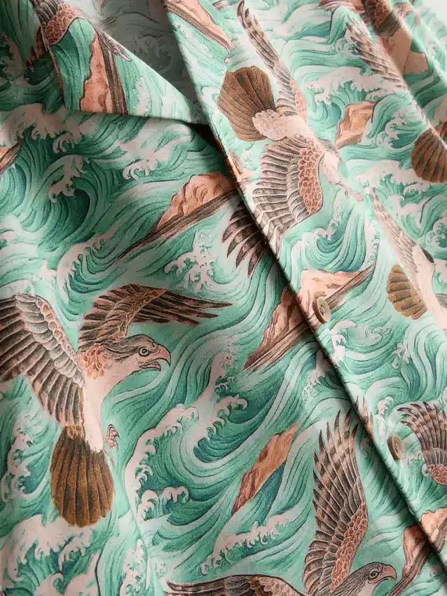 Bird-print short-sleeve button-down shirt