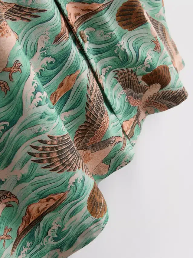 Bird-print short-sleeve button-down shirt