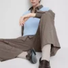 Brushed wide-leg pinstripe pants