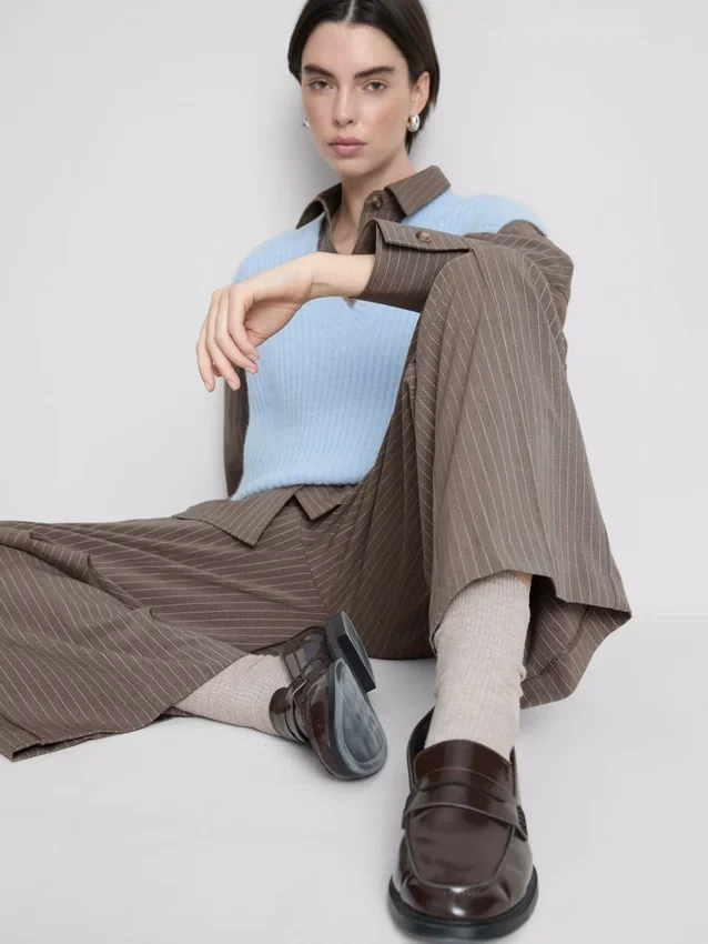 Brushed wide-leg pinstripe pants