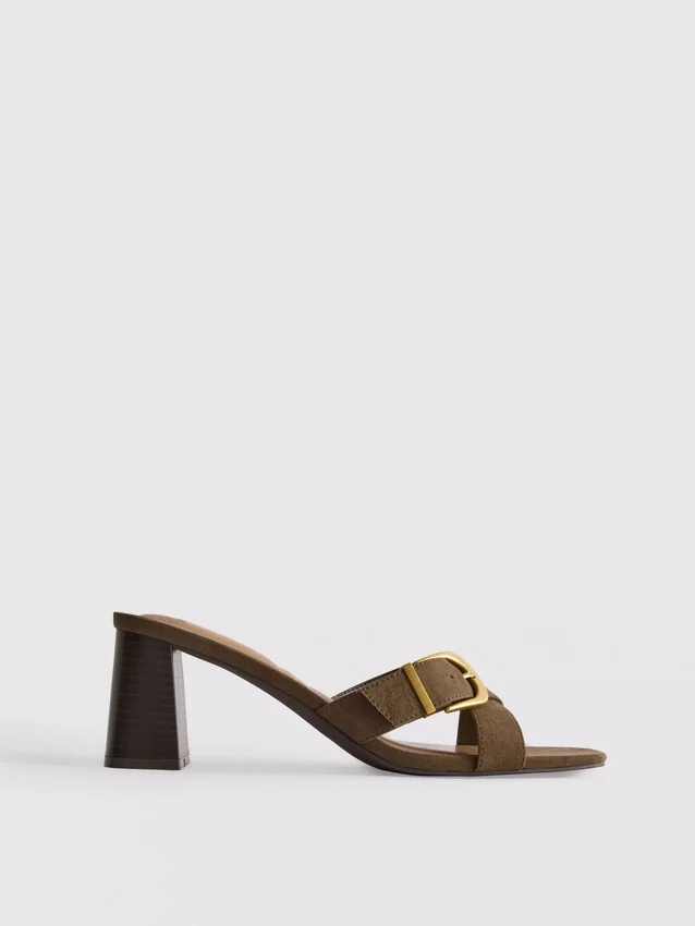 Buckle block heel mule sandals