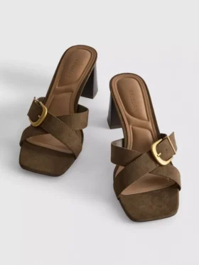 Buckle block heel mule sandals
