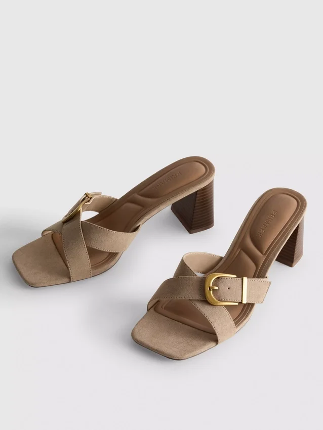 Buckle block heel mule sandals