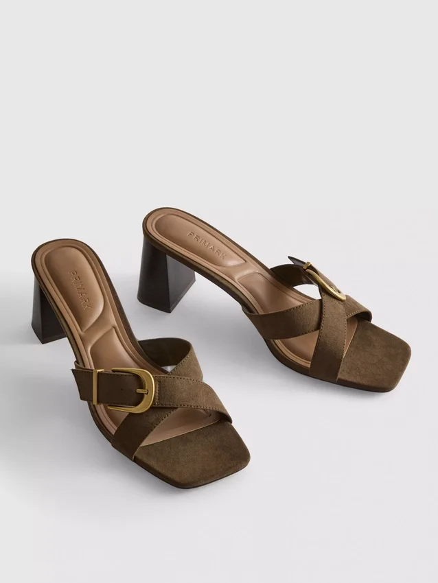 Buckle block heel mule sandals