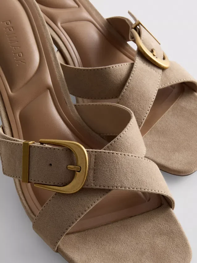 Buckle block heel mule sandals