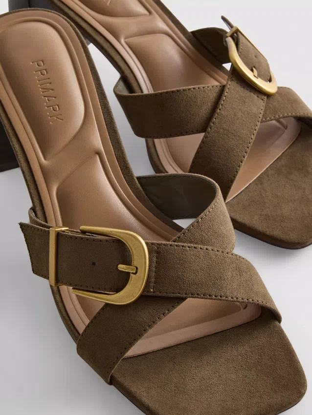 Buckle block heel mule sandals