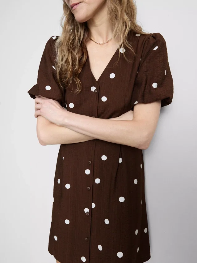 Button-up puff-sleeve mini dress
