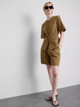 Cotton blend belted safari blazer