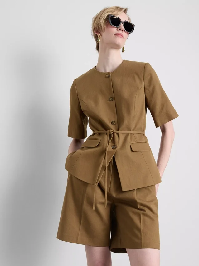 Cotton blend belted safari blazer