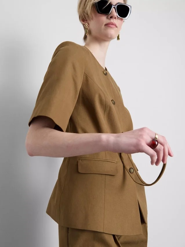 Cotton blend belted safari blazer