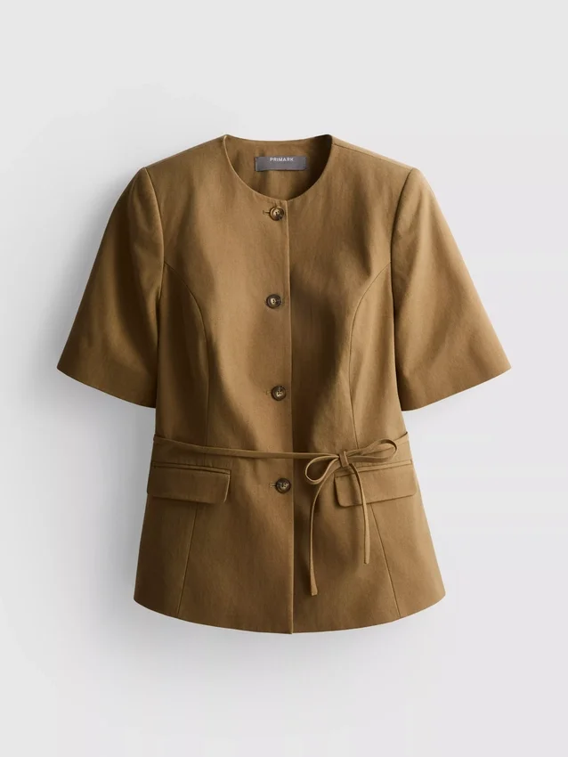 Cotton blend belted safari blazer
