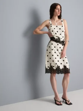Cotton blend polka dot lace midi skirt
