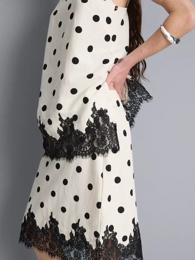 Cotton blend polka dot lace midi skirt