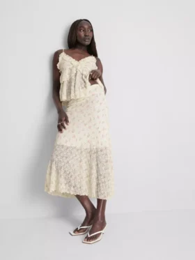 Cotton-blend textured floral midi skirt