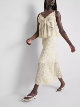 Cotton-blend textured floral midi skirt