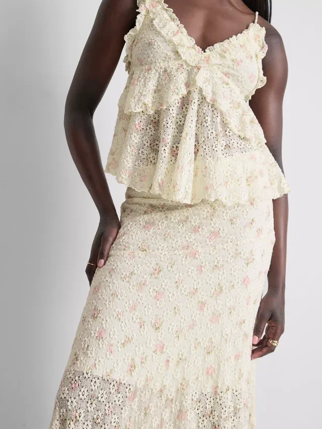 Cotton-blend textured floral midi skirt
