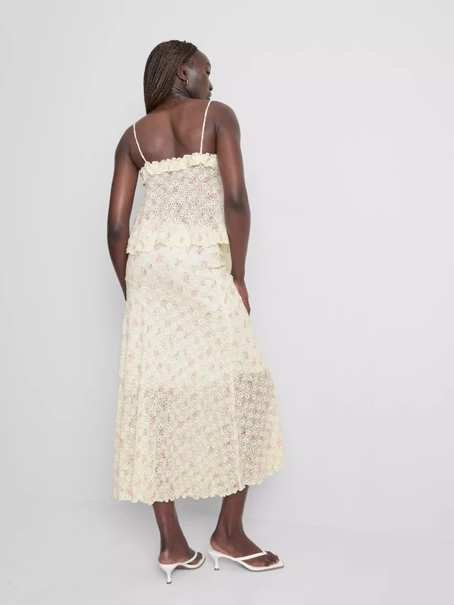 Cotton-blend textured floral midi skirt