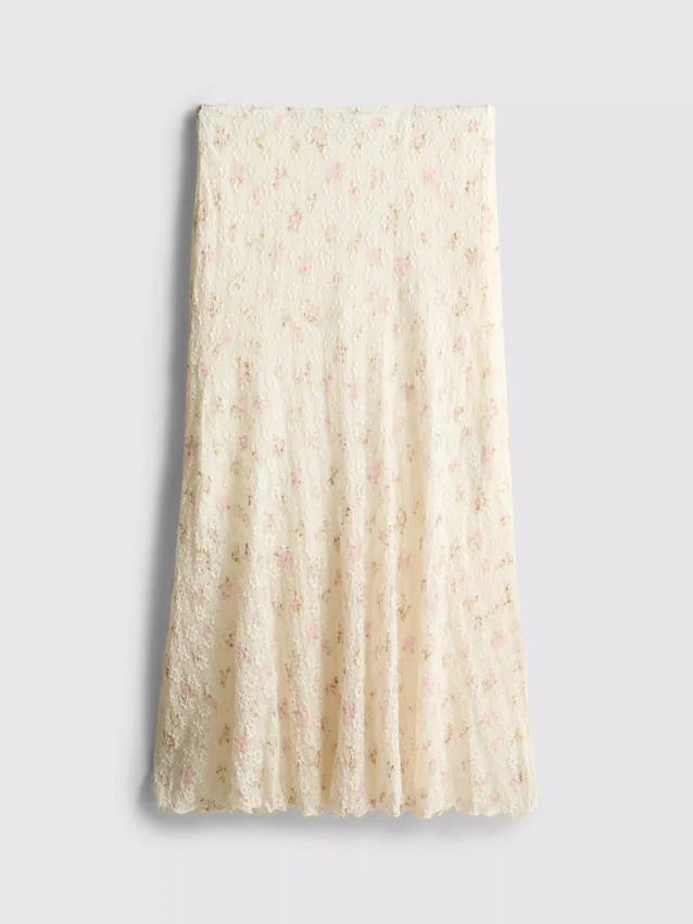 Cotton-blend textured floral midi skirt