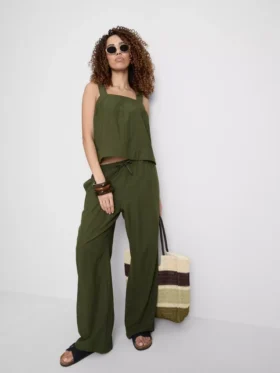 Cotton-blend wide-leg pants