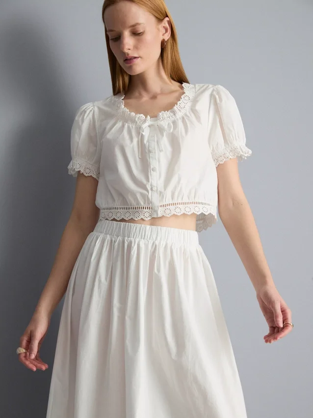 Cotton cropped puff sleeve poplin top