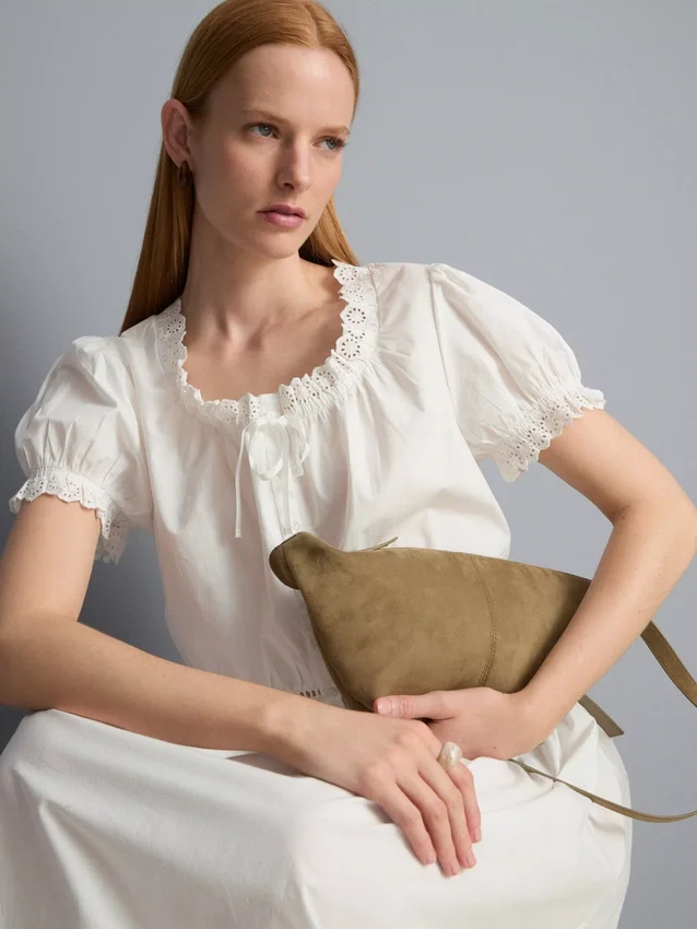 Cotton cropped puff sleeve poplin top